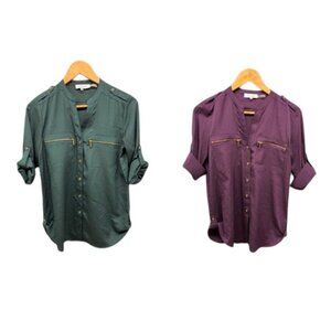 Calvin Klein Women’s XS Lace Up Blouse Purple Green‎ Roll Tab Sleeve Top Lot 2